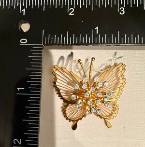 Vintage Signed Monet Gold Tone Rhinestone Butterfly Brooch NIB